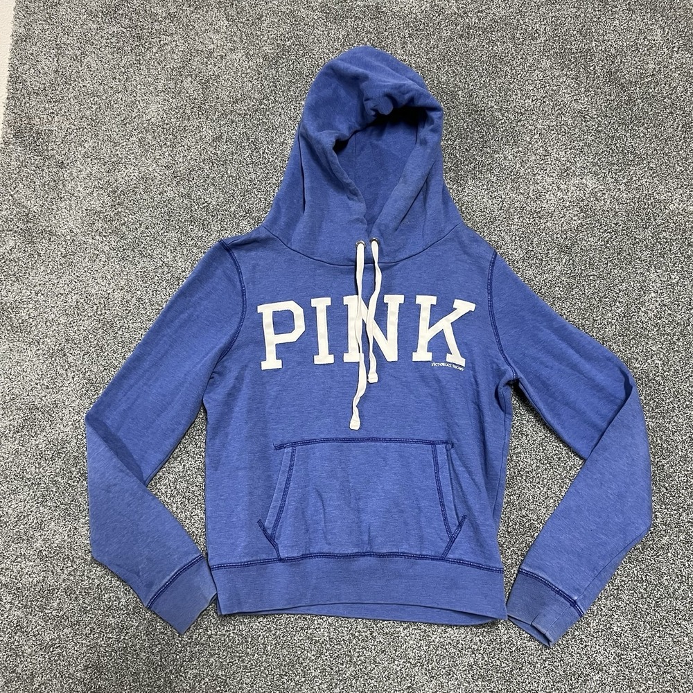 PINK Victoria's Secret Hoodie Womens Medium Blue Pullover Sweatshirt Graphic